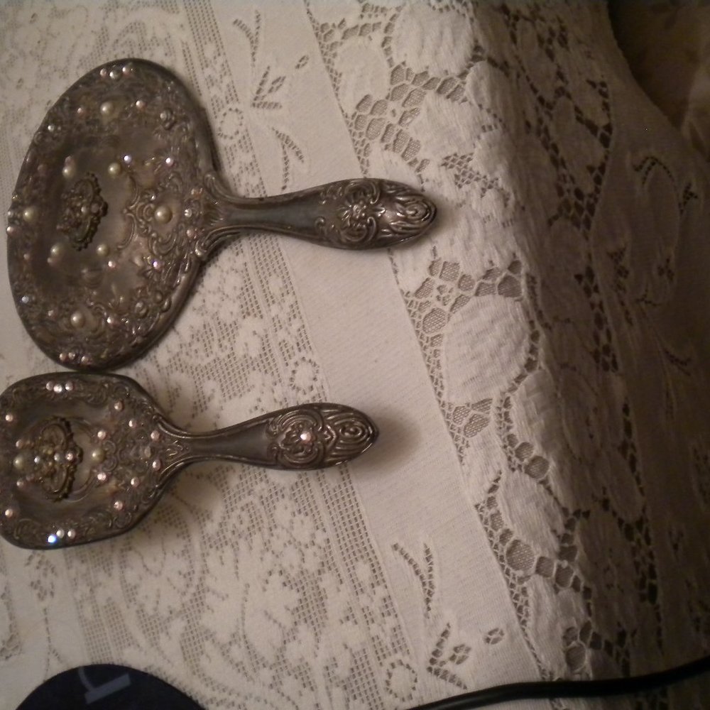 VTG Antique Silver Plated Ornate Vanity Set Mirror, Brush